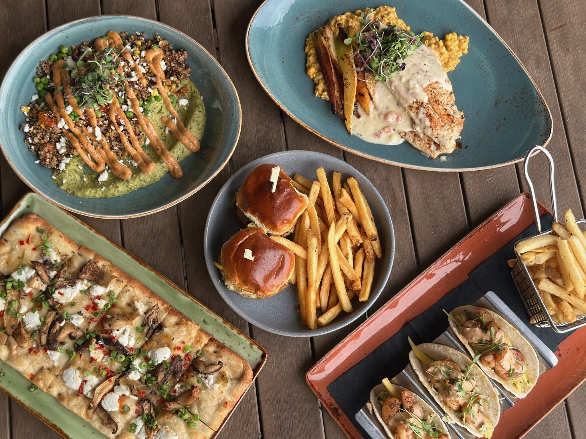 A group shot of new Spring dishes at UP on the Roof