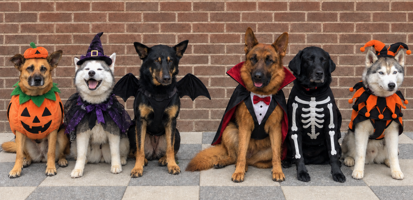 A group of dogs dressed up in costumes for Halloween