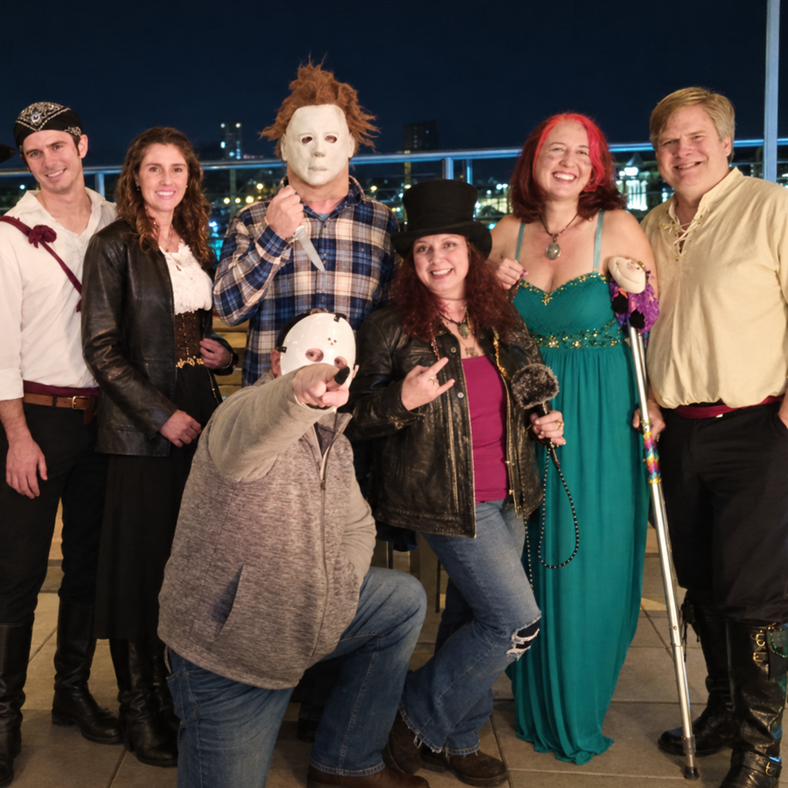 A group of friends dressed in Halloween costumes