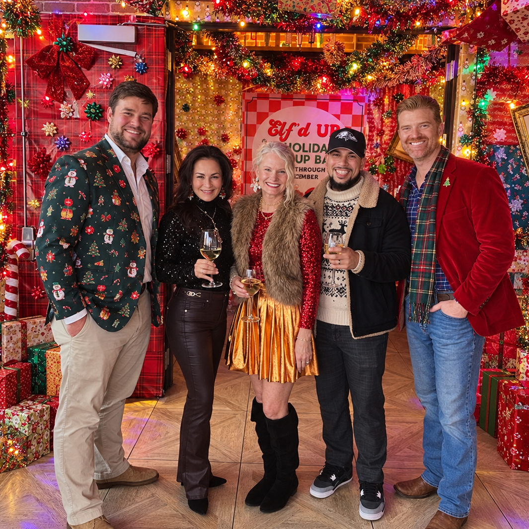 Festive and tacky group photo at Elf'd UP