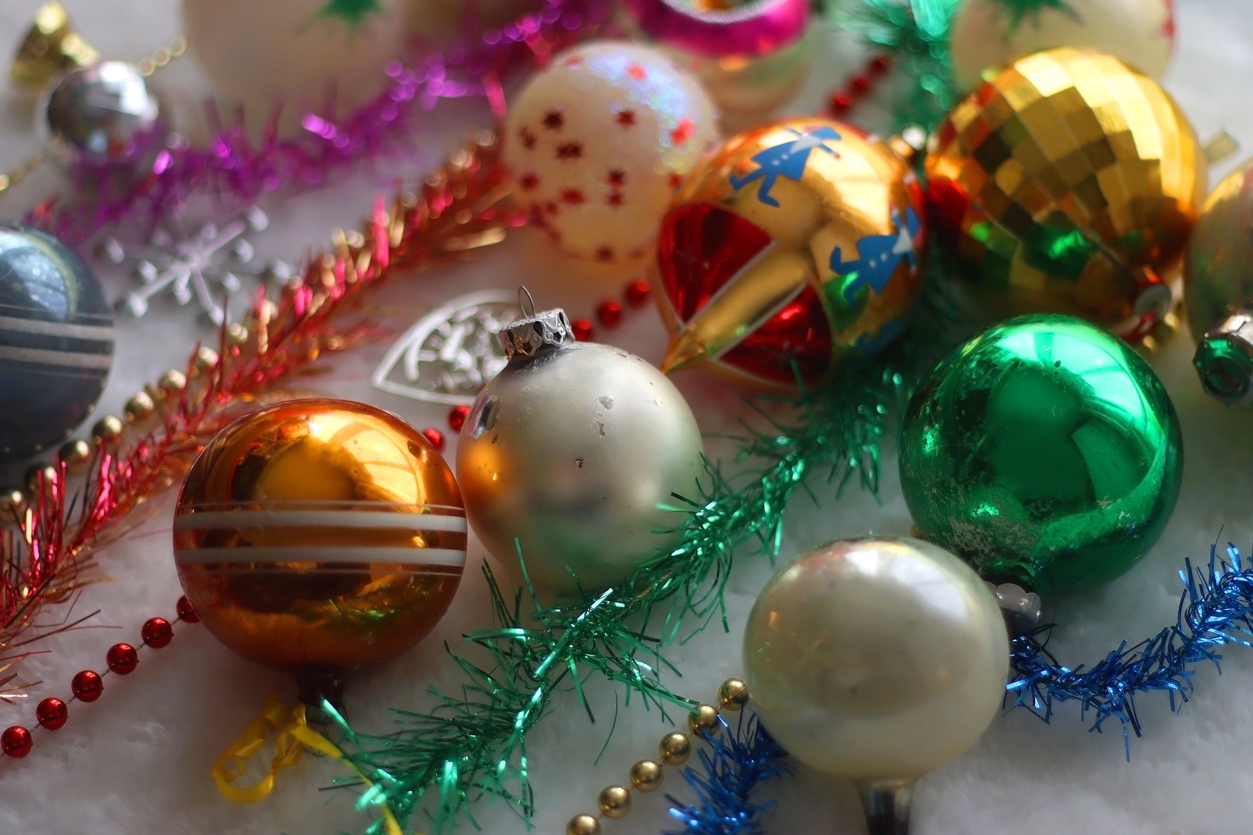 Kitschy Holiday Decorations featuring a variety of ornaments