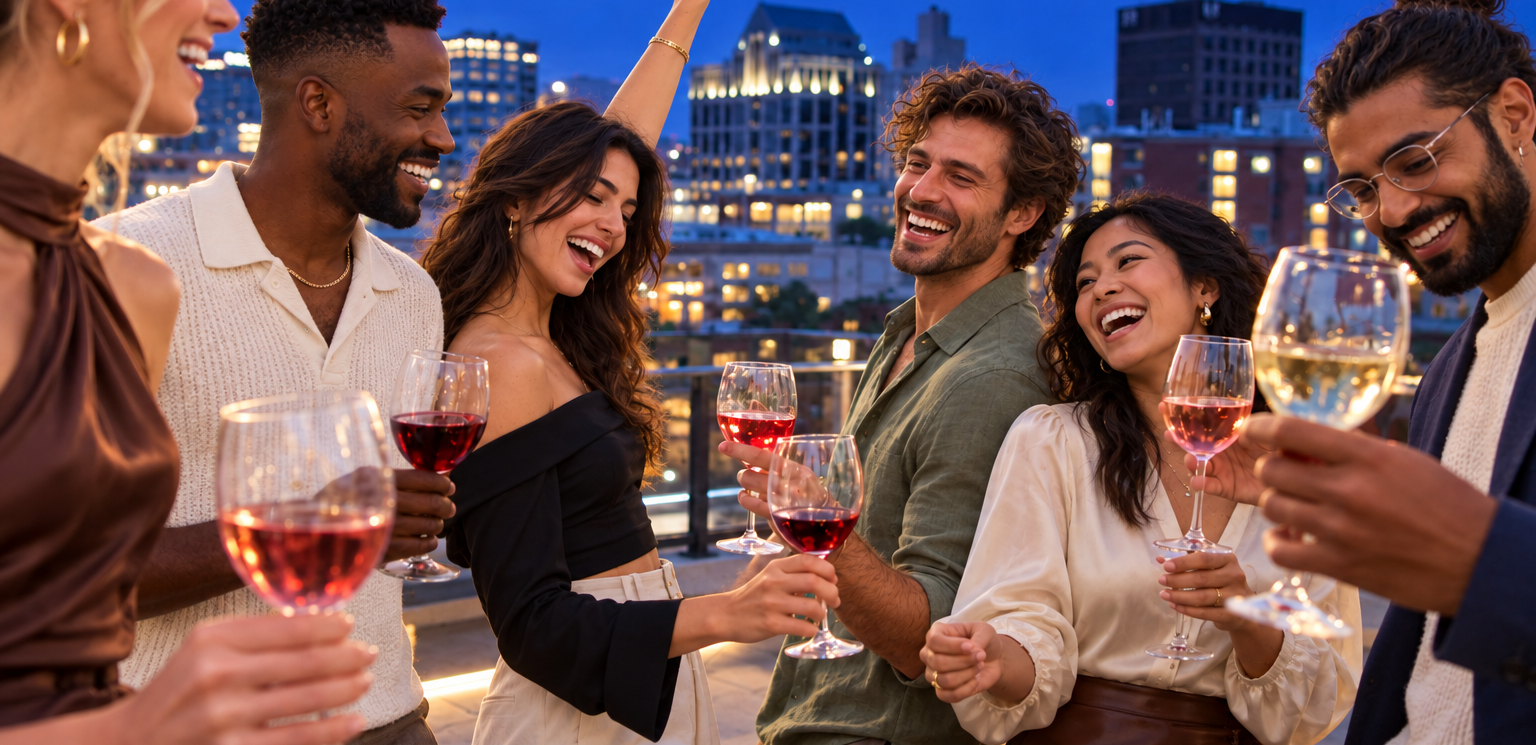 happy friends with wine on the rooftop